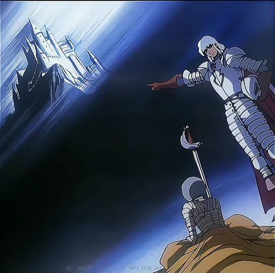 Moonlit castle above two armored figures
